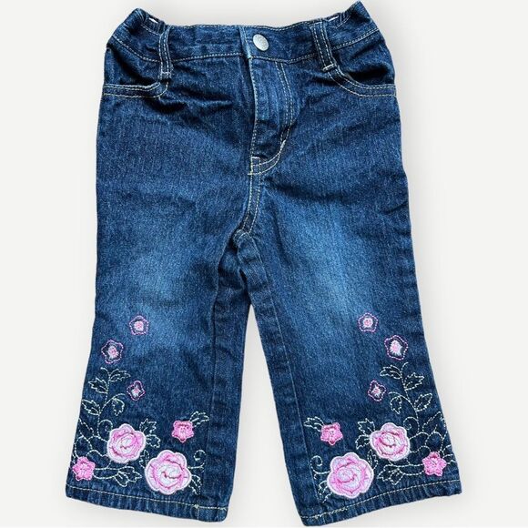 Faded Glory Baby Girl’s Kid’s Floral Embroidered Denim Blue Jeans. 18 Months. - Picture 1 of 4